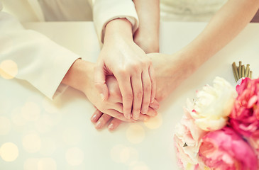 Image showing close up of happy married lesbian couple hands