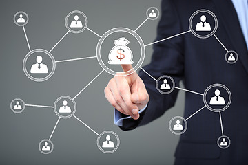 Image showing Businessman pushing button with icon dollar virtual. technology, internet and networking concept. 