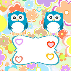 Image showing Couple owls birds on a tree branch. Vector background.