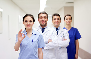 Image showing group of happy medics or doctors at hospital