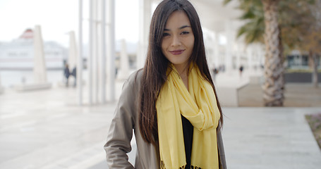 Image showing Stylish young woman on a waterfront promenade