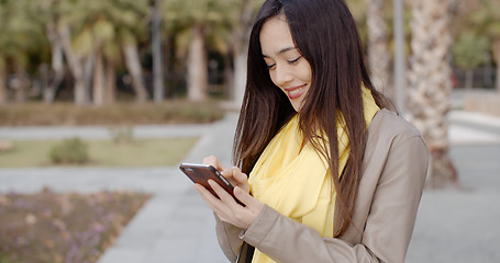 Image showing Stylish woman checking a message on her mobile