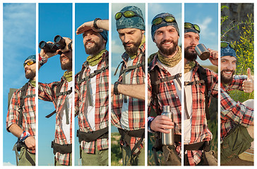 Image showing Collage of young caucasian tourist with backpack 