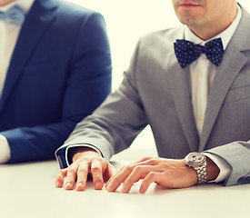 Image showing close up of happy male gay couple hands on wedding