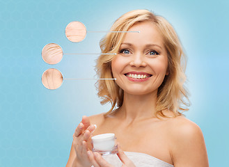 Image showing happy woman with anti-aging cream jar