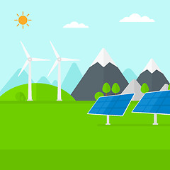 Image showing Background of solar panels and wind turbines in mountains.