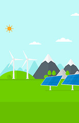 Image showing Background of solar panels and wind turbines in mountains.