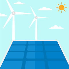 Image showing Background of solar panels and wind turbines.