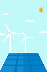 Image showing Background of solar panels and wind turbines.