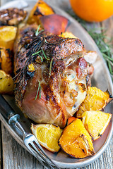 Image showing Thigh of turkey baked with oranges.