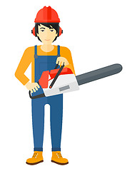 Image showing Cheerful lumberjack with chainsaw.