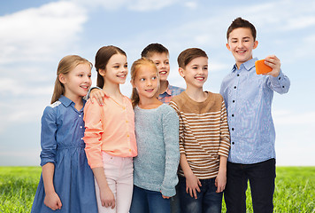 Image showing happy children talking selfie by smartphone