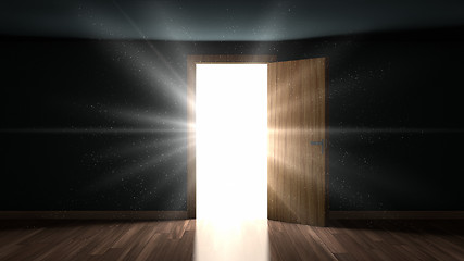 Image showing Light and particles in a room through the opening door