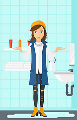 Image showing Woman in despair standing near leaking sink.