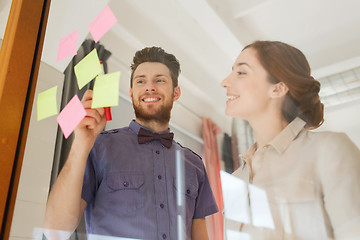 Image showing creative team with stickers on glass at office