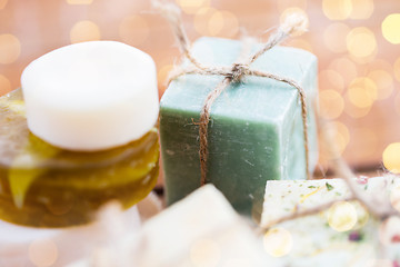 Image showing close up of handmade soap bars on wood