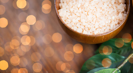 Image showing close up of himalayan pink salt in wooden bowl