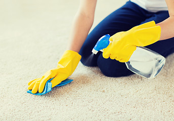 Image showing close up of woman with cloth cleaning carpet