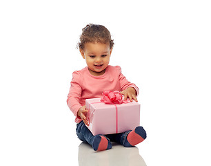 Image showing happy little baby girl with birthday present