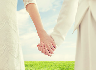 Image showing close up of happy lesbian couple holding hands