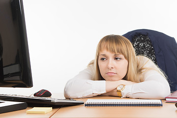 Image showing Sad office a specialist looks at a monitor screen