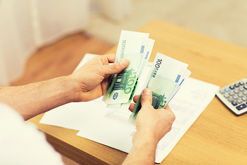 Image showing close up of man hands counting money at home