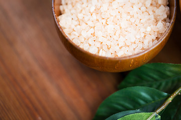 Image showing close up of himalayan pink salt in wooden bowl 