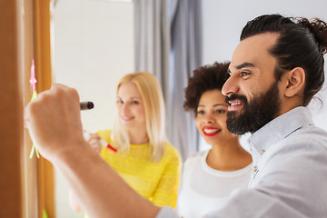 Image showing happy creative team writing on stickers at office