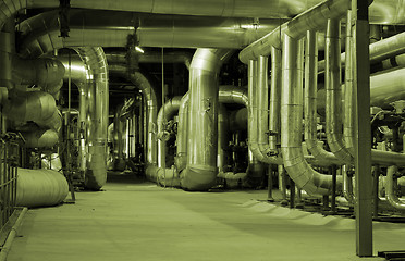 Image showing Pipes and tubes and chimney at a power plant