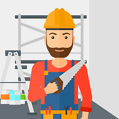 Image showing Smiling worker with saw.