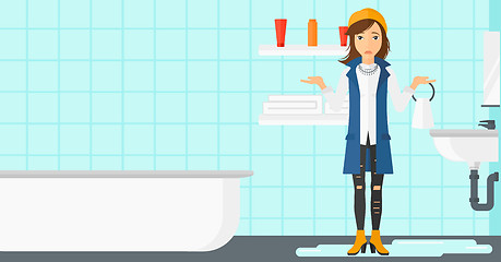Image showing Woman in despair standing near leaking sink.