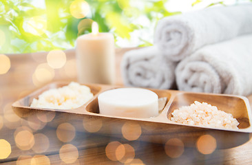 Image showing close up of soap, himalayan salt and scrub in bowl