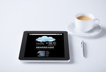 Image showing tablet pc with weather forecast and cup of coffee