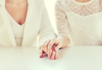 Image showing close up of happy married lesbian couple hands