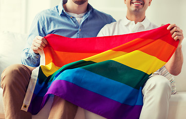 Image showing close up of male gay couple holding rainbow flag