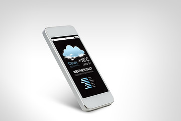 Image showing white smarthphone with weather forecast on screen