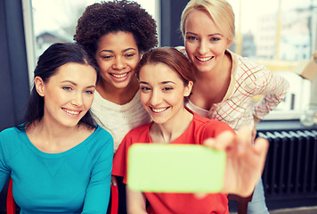 Image showing happy young women taking selfie with smartphone