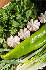 Image showing All fresh vegetables in a large set of laid on the table,