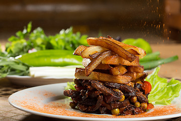 Image showing fried potatoes with meat. 