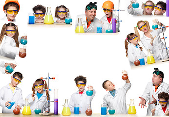 Image showing The collage from images of boys and girls as chemist doing experiment 