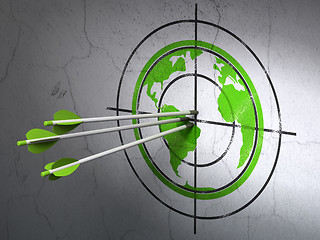 Image showing Science concept: arrows in Globe target on wall background