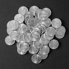 Image showing Black and white Dollar coins 1 cent wheat penny