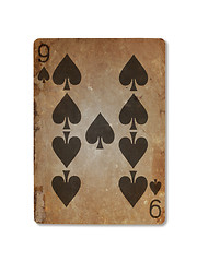 Image showing Very old playing card, nine of spades