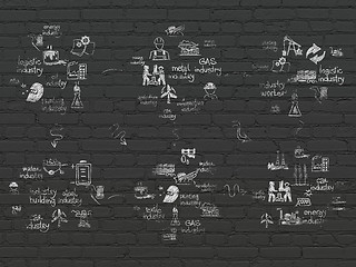 Image showing Grunge background: Black Brick wall texture with Painted Hand Drawn Industry Icons