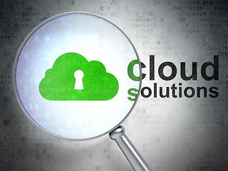 Image showing Cloud computing concept: Cloud With Keyhole and Cloud Solutions with optical glass