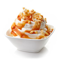 Image showing dessert cream with caramel and peanuts