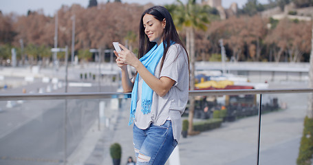 Image showing Grinning woman using phone on overpass