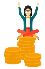 Image showing Happy business woman sitting on coins.