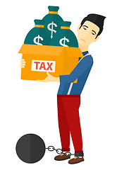 Image showing Chained man with bags full of taxes. 