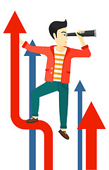 Image showing Man with spyglass on rising arrow.